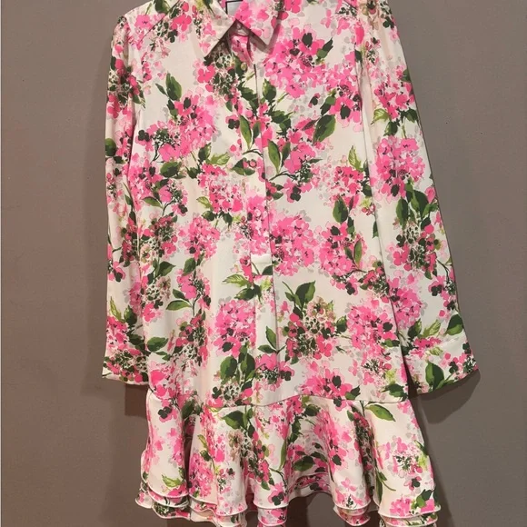 Tuckernuck Callahan Shirtdress Small Pink Hydrangea Ruffle Hem Floral - Small - Picture 2 of 9